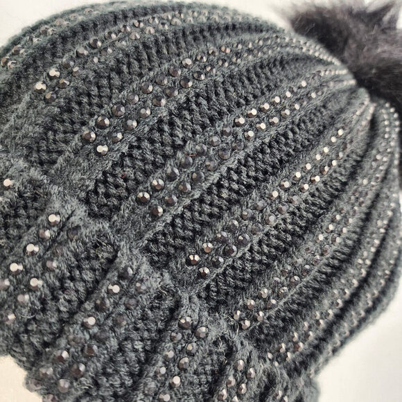 Black Knit Rhinestone Studded Fur Pom Pom Toque - Picture 2 of 8